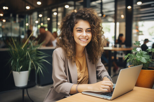 Latin Hispanic Student Girl Smile Using Laptop, Study Online Hybrid Learning