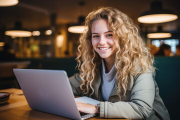 Blonde teenager student smile using laptop, study online hybrid learning