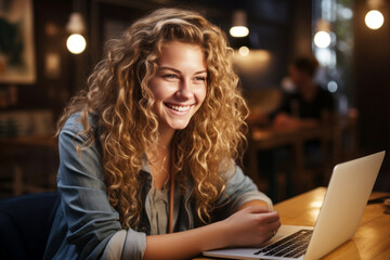 Blonde teenager student smile using laptop, study online hybrid learning