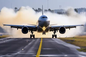 Fotobehang Airplane at take-off from runway airport, aviation carbon pollution © pariketan