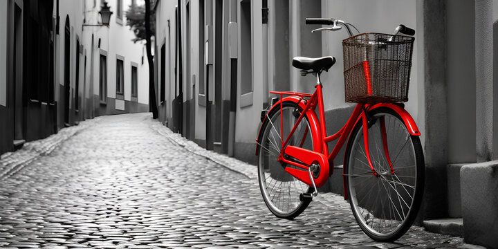 bicycle in the street.,,,.,,.
Retro image of a red  bike in a city of Spain stock photo
