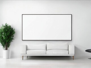 near wall with blank poster frames with copy space. Interior design of modern living room.