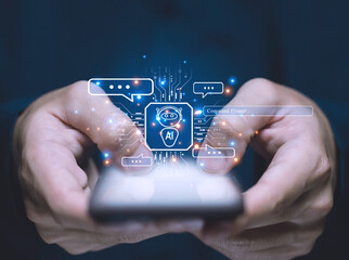 Graphical ai chat, Digital Chatbot Assistant Robot genius access internet network data, futuristic technology concept.	
