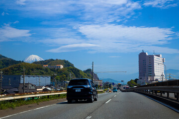 Panoramic views of Mt Fuji from the road near Nihondaira hill in Shizuoka prefecture, Chubu, Japan.