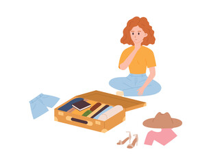 Vector illustration of pretty woman with orange curly hair is sitting on the floor and packing suitcase, luggage, she is thinking what forgot to put, Isolated on white background.