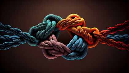 Collective Effort Integration and Unity with teamwork concept as a business metaphor for joining a partnership synergy and cohesion as diverse ropes connected ,Ai generated image - obrazy, fototapety, plakaty