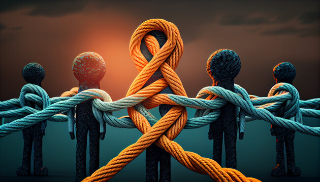 Collective Effort Integration and Unity with teamwork concept as a business metaphor for joining a partnership synergy and cohesion as diverse ropes connected ,Ai generated image