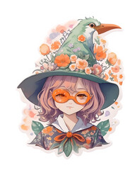 Little witch wears a hat with beautiful flowers.