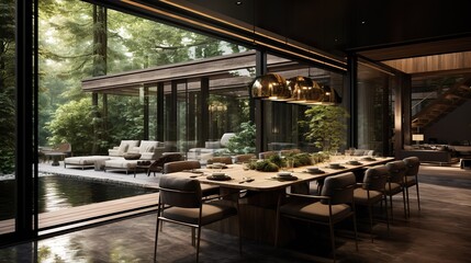 High-end residential dining room table interior with comfortable green trees