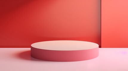 Red background podium light studio stage platform. Empty red podium product display spotlight abstract scene wall floor background pink shadow texture perspective showroom presentation. Generative AI