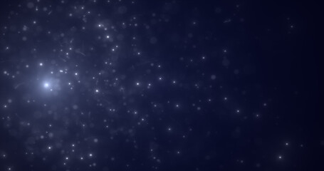 Abstract white energy particles and dots glowing flying sparks festive with bokeh effect and blur background