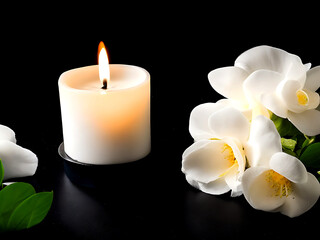 Burning candles and flowers on black background with space for text. Funeral concept. 
