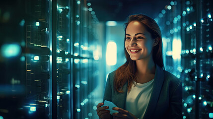 Data Center Female e-Business Entrepreneur Use Tablet Computer with Pleasure Smile in Big Cloud Computing Server Farm. Generative Ai