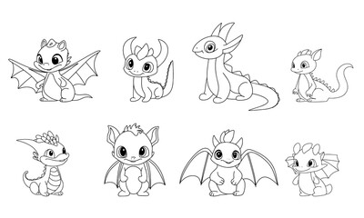Set of doodle dragons. Hand drawn doodle dragon isolated on white background. Dragon outline icons collection. Symbol 2024 year. Vector illustration.
