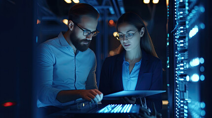 Data Center Female System Administrator and Male IT Specialist talk, Use Laptop in Cloud Computing Server Farm. Generative Ai