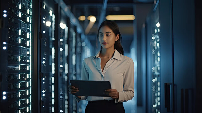 Data Center Female e-Business Entrepreneur Use Tablet Computer with Pleasure Smile in Big Cloud Computing Server Farm. Generative Ai