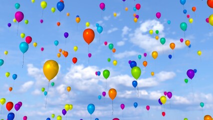 Millions Of Multicolored Balloons Floating Up Into The Cloudy Sky - Abstract Background Texture