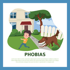 Scared boy running from angry dog, children phobias poster - flat vector illustration.
