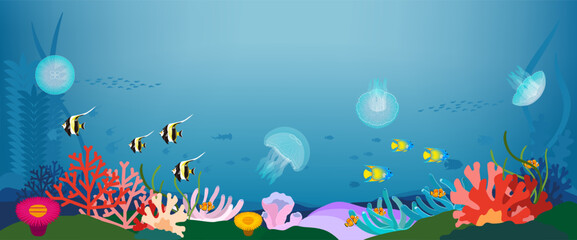 Naklejka na ściany i meble 珊瑚礁の海中に漂うクラゲと熱帯魚の背景素材