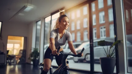 Fotobehang Women in sportswear cycling at home on a stationary exercise bike on background of light living room, maintaining a healthy lifestyle. Cardio training, exercising legs, cardio workout indoors. © ND STOCK