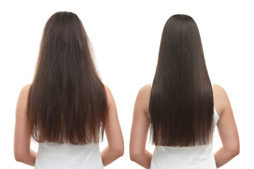Woman before and after hair treatment on white background, back view. Collage showing damaged and healthy hair