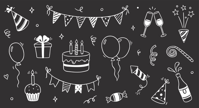 Birthday doodle icon element on chalkboard background. Hand drawn sketch doodle birthday cake, balloon, event decoration element. Party, carnival celebration concept background. Vector illustration