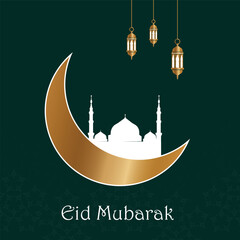 vector eid mubarak design with mosque and moon green