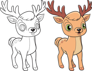 Christmas cute reindeer cartoon. Christmas coloring page for kids. Activity Book.