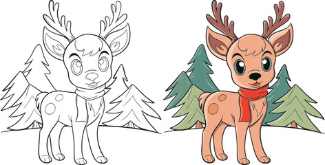 Cute reindeer and Christmas tree cartoon. Christmas coloring page for kids. Activity Book.