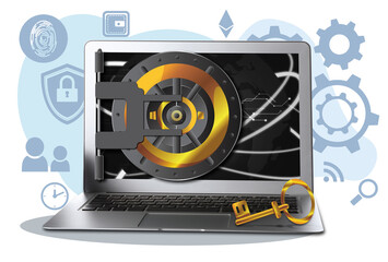 Digital inheritance concept. Laptop with illustration of vault door on screen and golden key....