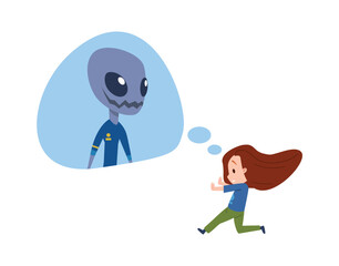 Scared little girl thinking about monster or alien, cartoon flat vector illustration isolated on white background.
