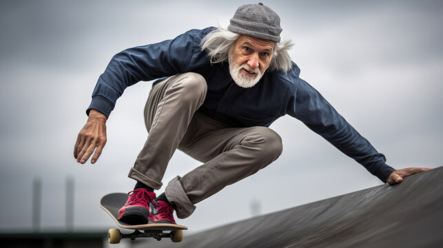 An elderly skateboarder mastering tricks at a skatepark,  age no limit