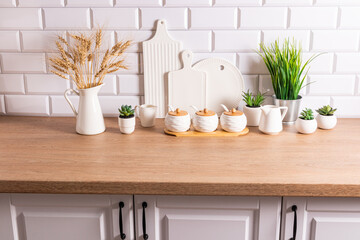 White ceramic utensils and kitchen utensils on a wooden countertop in an eco-friendly kitchen with green indoor plants. Cozy house.
