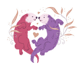 Vector illustration of cute cartoon sea otters family in pink, lilac colors, mother and father sea otters are lovely swiming against the background of beige plants, floral drawings and hearts