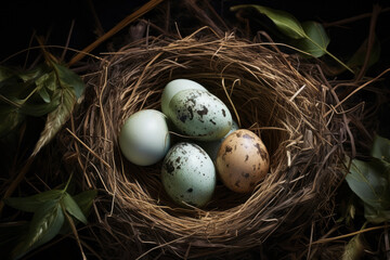 Obraz premium Bird's nest with eggs in the forest. Generative AI