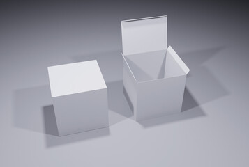 Two blank packaging boxes - open and closed mockup, isolated on white background