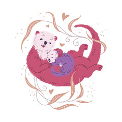 Vector illustration of cute cartoon sea otters family, mother sea otter swims with her sleeping cute baby smiles against the background of beige plants, floral drawings and hearts