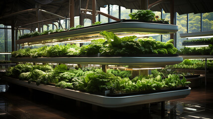 Indoor vegetable farm with synthetic light. 