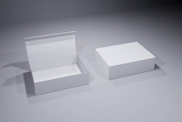 Two blank packaging boxes - open and closed mockup, isolated on white background