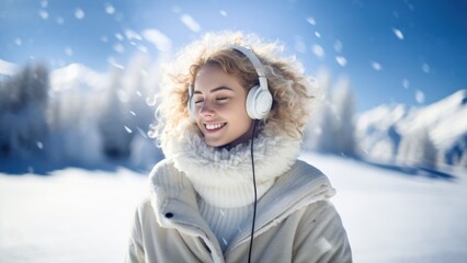 Fototapeta na wymiar Cheerful happy young woman wearing headphones listening to music in a snowy park, winter scenery.