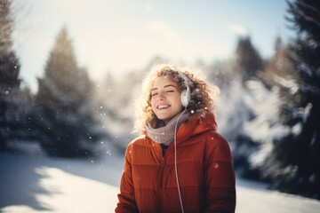 Cheerful happy young woman wearing headphones listening to music in a snowy park, winter scenery.