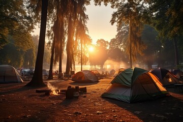 Image of camping in the forest and the morning sun. Many camping tents in the forest in the morning. Camping with tent on winter.