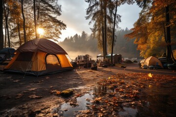 Image of camping in the forest and the morning sun. Many camping tents in the forest in the morning. Camping with tent on winter.