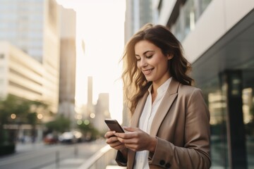 Young urban professional businesswoman using smartphone. Businessman holding mobile smartphone using app texting sms message outdoor.