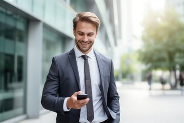 Young urban professional business man using smartphone. Businessman holding mobile smartphone using app texting sms message outdoor.