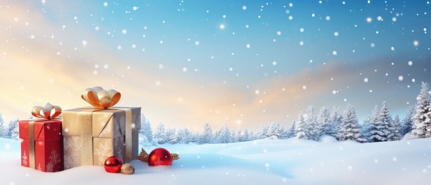 Christmas background. Gift and ball in forest against a blue sky in a snowfall. panorama view. Beautiful Festive Christmas snowy background. copy space.