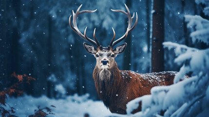 a red deer standing in the woods in the snow, stag in the snow in winter landscape,  - obrazy, fototapety, plakaty