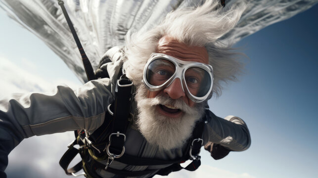 A silver-bearded base jumper in midair,  parachute billowing gracefully