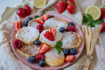 American pancakes with fresh blueberry, raspberry 