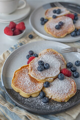 American pancakes with fresh blueberry, raspberry 